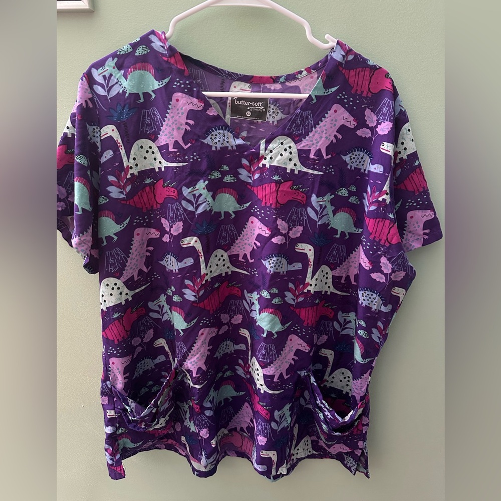 Butter-Soft Stretch Purple Dinosaur Print Scrub top
